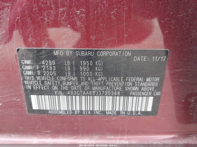 Продаж на аукціоні авто 2018 Subaru Impreza 2.0i, vin: 4S3GTAA63J3720388, номер лоту: 45126376