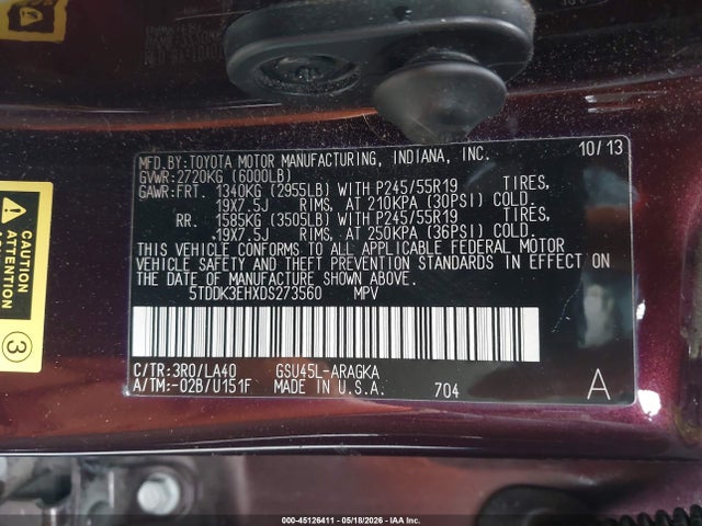 2013 Toyota Highlander Limited V6 მანქანა იყიდება აუქციონზე, vin: 5TDDK3EHXDS273560, აუქციონის ნომერი: 45126411