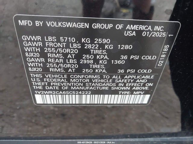 45126426 :رقم المزاد ، 1V2WR2CA6SC524222 vin ، 2025 Volkswagen Atlas 2.0t Se W/technology مزاد بيع