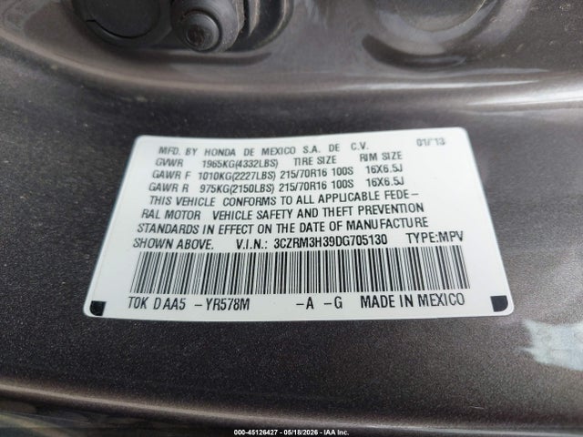 Aukcja sprzedaży 2013 Honda Cr-v Lx, vin: 3CZRM3H39DG705130, numer aukcji: 45126427