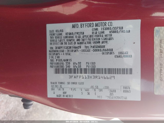 45126436 :رقم المزاد ، 3FAFP113X3R146629 vin ، 2003 Ford Zx2 مزاد بيع