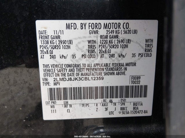 Продаж на аукціоні авто 2012 Lincoln Mkx, vin: 2LMDJ8JK3CBL12359, номер лоту: 45126445