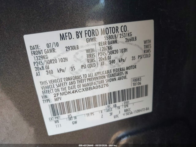 Aukcja sprzedaży 2011 Ford Edge Limited, vin: 2FMDK4KCXBBA05276, numer aukcji: 45126448