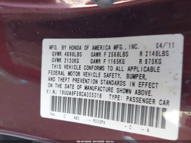 2012 Acura Tl 3.5 მანქანა იყიდება აუქციონზე, vin: 19UUA8F59CA005018, აუქციონის ნომერი: 45126449