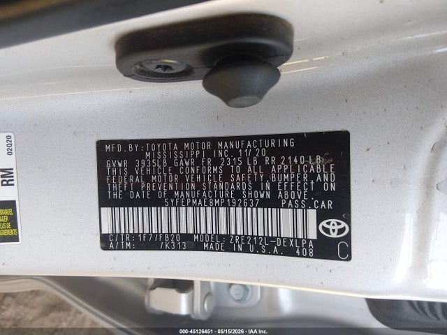 45126451 :رقم المزاد ، 5YFEPMAE8MP192637 vin ، 2021 Toyota Corolla Le مزاد بيع