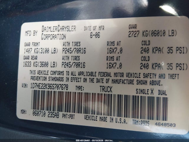 Aukcja sprzedaży 2006 Dodge Dakota St, vin: 1D7HE22K96S707678, numer aukcji: 45126461