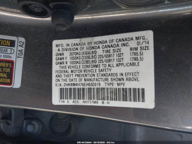 Продажа на аукционе авто 2014 Honda Cr-v Ex-l, vin: 2HKRM4H76EH650319, номер лота: 45126464