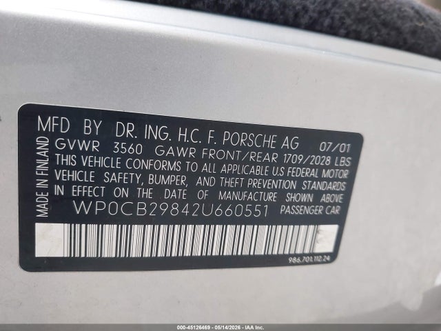 Продажа на аукционе авто 2002 Porsche Boxster S, vin: WP0CB29842U660551, номер лота: 45126469