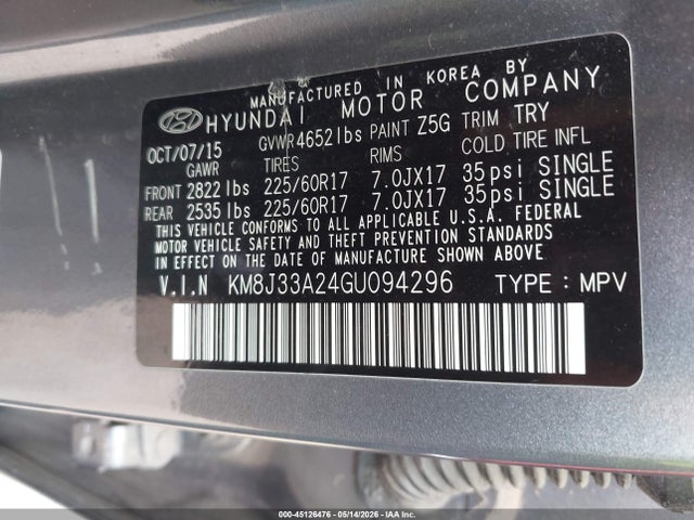 2016 Hyundai Tucson Eco მანქანა იყიდება აუქციონზე, vin: KM8J33A24GU094296, აუქციონის ნომერი: 45126476