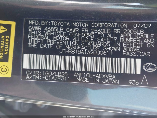 45126487 :رقم المزاد ، JTHBB1BA1A2000611 vin ، 2010 Lexus Hs 250h مزاد بيع