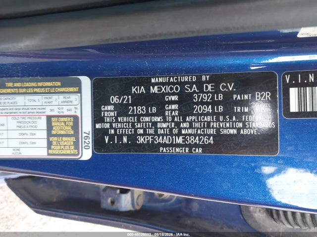 Aukcja sprzedaży 2021 Kia Forte Gt-line, vin: 3KPF34AD1ME384264, numer aukcji: 45126503