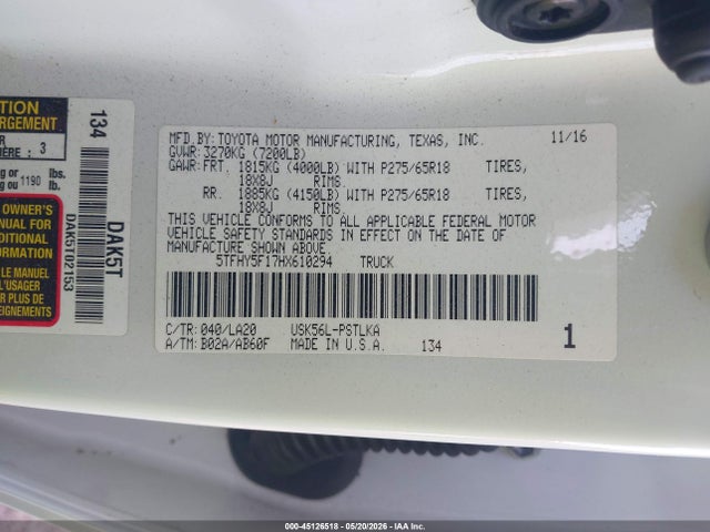 Aukcja sprzedaży 2017 Toyota Tundra Limited 5.7l V8, vin: 5TFHY5F17HX610294, numer aukcji: 45126518