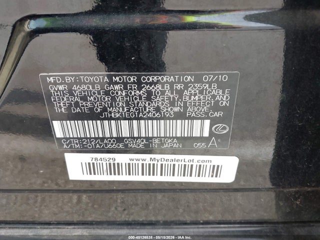 Aukcja sprzedaży 2010 Lexus Es 350, vin: JTHBK1EG1A2406193, numer aukcji: 45126538