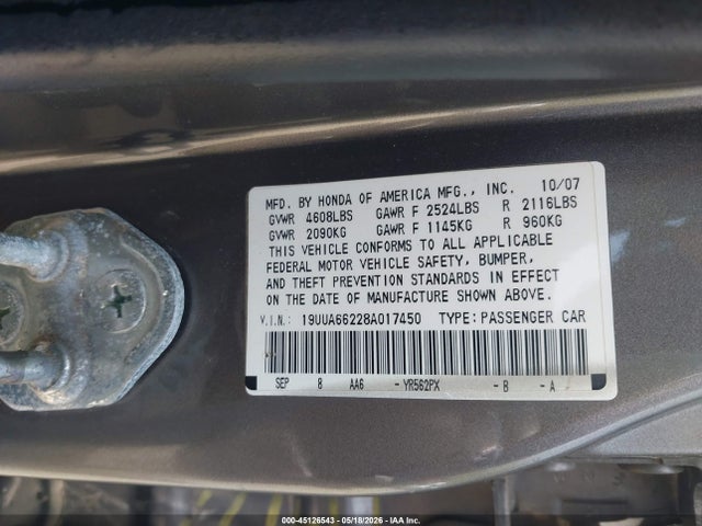 Aukcja sprzedaży 2008 Acura Tl 3.2, vin: 19UUA66228A017450, numer aukcji: 45126543