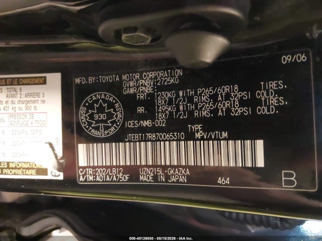 45126550 :رقم المزاد ، JTEBT17R870065310 vin ، 2007 Toyota 4runner Limited V8 مزاد بيع