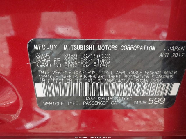 Продаж на аукціоні авто 2017 Mitsubishi Lancer Le, vin: JA32U2FU1HU011661, номер лоту: 45126551