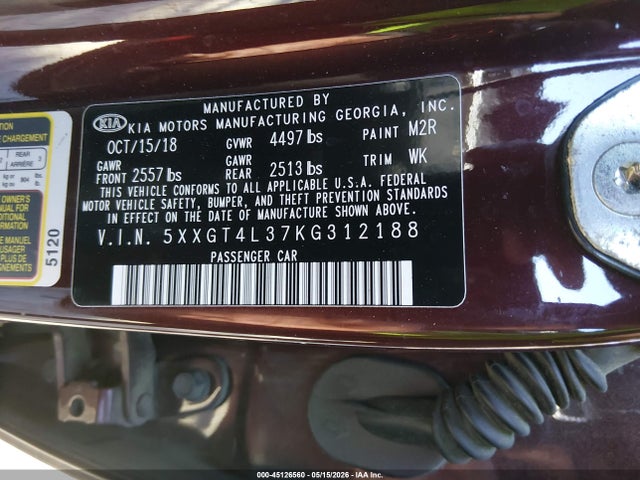 45126560 :رقم المزاد ، 5XXGT4L37KG312188 vin ، 2019 Kia Optima Lx مزاد بيع