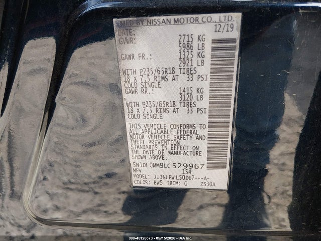 45126573 :رقم المزاد ، 5N1DL0MM9LC529967 vin ، 2020 Infiniti Qx60 Pure Awd مزاد بيع