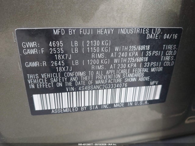 Продаж на аукціоні авто 2016 Subaru Outback 2.5i Limited, vin: 4S4BSANC2G3334076, номер лоту: 45126577