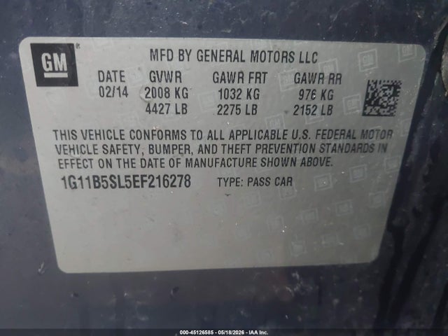 Aukcja sprzedaży 2014 Chevrolet Malibu 1ls, vin: 1G11B5SL5EF216278, numer aukcji: 45126585