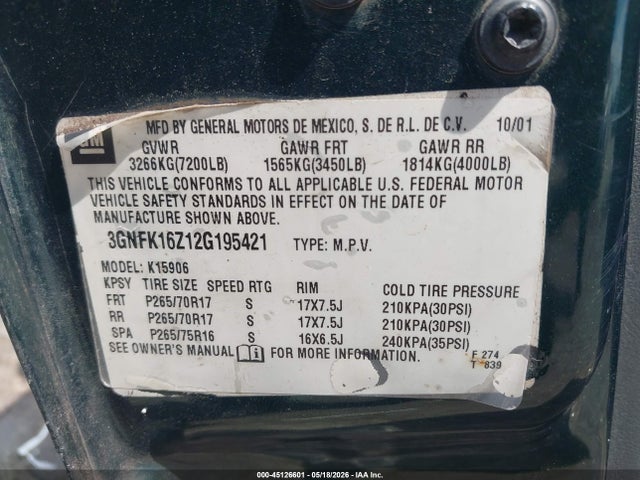 45126601 :رقم المزاد ، 3GNFK16Z12G195421 vin ، 2002 Chevrolet Suburban 1500 Z71 مزاد بيع