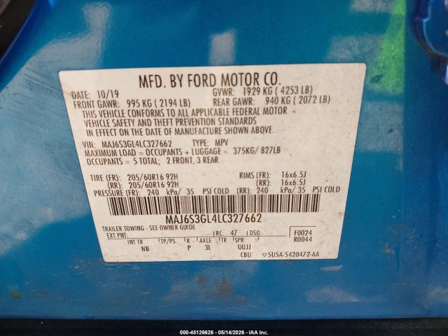Продажа на аукционе авто 2020 Ford Ecosport Se, vin: MAJ6S3GL4LC327662, номер лота: 45126626