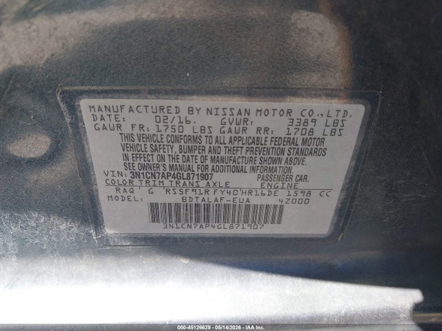 45126629 :رقم المزاد ، 3N1CN7AP4GL871907 vin ، 2016 Nissan Versa 1.6 S مزاد بيع