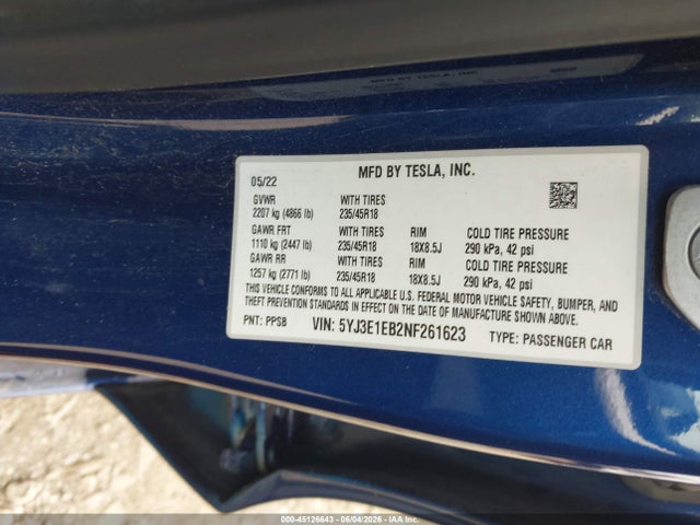 Tesla Model 3 Long Range Dual Motor All-wheel Drive 2022 5YJ3E1EB2NF261623 Image 9