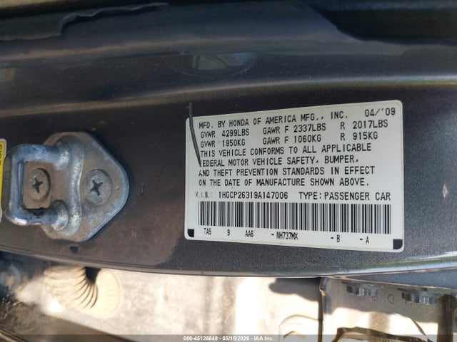 Aukcja sprzedaży 2009 Honda Accord 2.4 Lx, vin: 1HGCP26319A147006, numer aukcji: 45126648