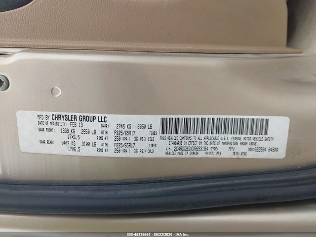 2013 Dodge Grand Caravan Se მანქანა იყიდება აუქციონზე, vin: 2C4RDGBGXDR693184, აუქციონის ნომერი: 45126667