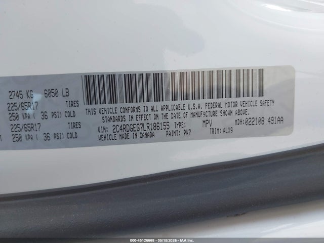 Продажа на аукционе авто 2020 Dodge Grand Caravan Gt, vin: 2C4RDGEG7LR186155, номер лота: 45126668