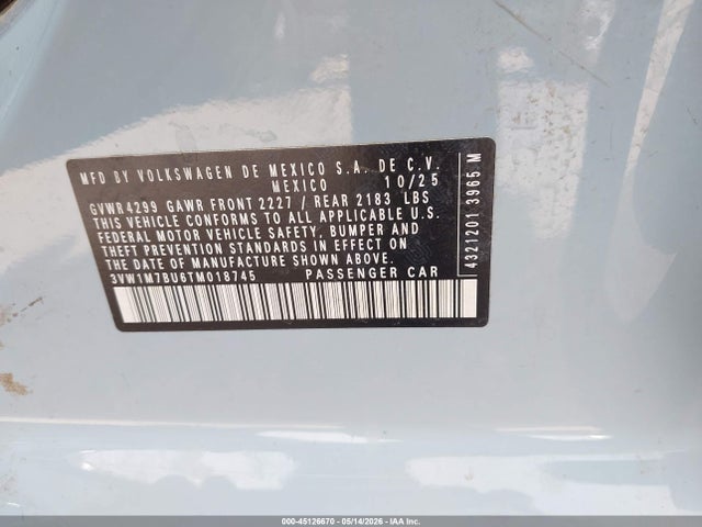 45126670 :رقم المزاد ، 3VW1M7BU6TM018745 vin ، 2026 Volkswagen Jetta Gli Autobahn مزاد بيع