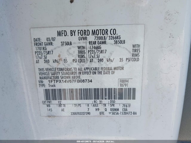 Продаж на аукціоні авто 2007 Ford F-150 Fx4/lariat/xl/xlt, vin: 1FTPX14V67FB08734, номер лоту: 45126678