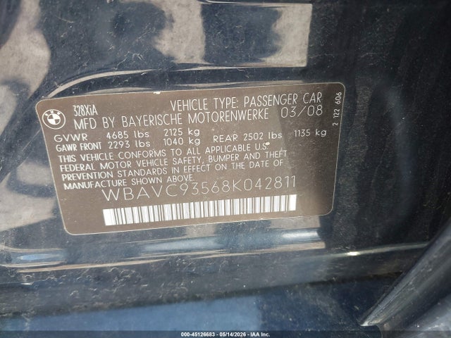 2008 Bmw 328xi მანქანა იყიდება აუქციონზე, vin: WBAVC93568K042811, აუქციონის ნომერი: 45126683