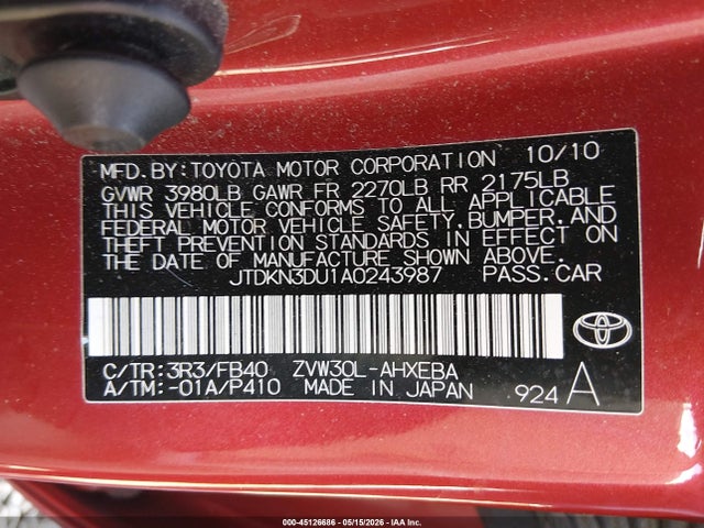 2010 Toyota Prius Ii მანქანა იყიდება აუქციონზე, vin: JTDKN3DU1A0243987, აუქციონის ნომერი: 45126686