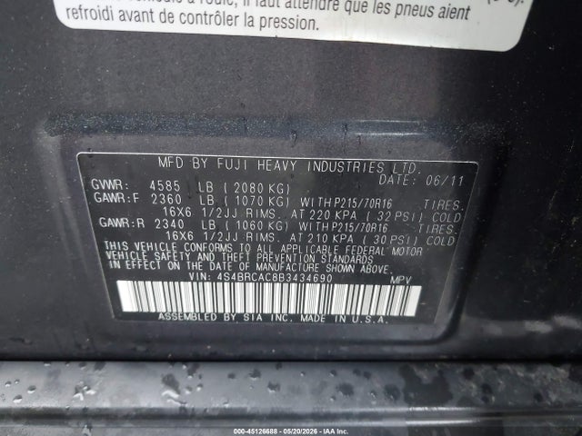 Aukcja sprzedaży 2011 Subaru Outback 2.5i, vin: 4S4BRCAC8B3434690, numer aukcji: 45126688