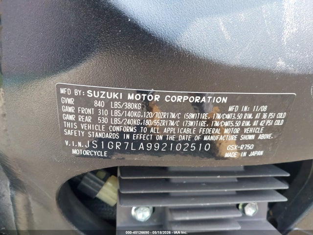 Aukcja sprzedaży 2009 Suzuki Gsx-r750, vin: JS1GR7LA992102510, numer aukcji: 45126690