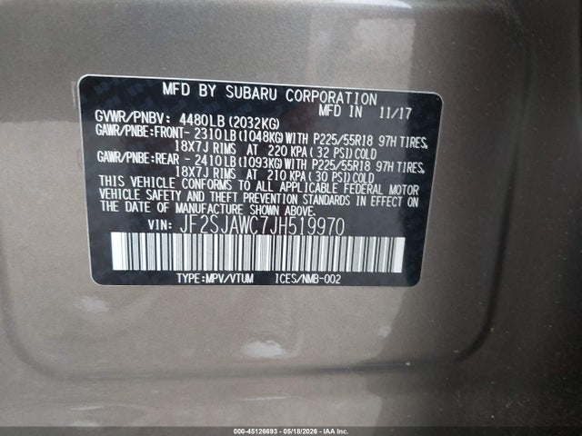 2018 Subaru Forester 2.5i Touring მანქანა იყიდება აუქციონზე, vin: JF2SJAWC7JH519970, აუქციონის ნომერი: 45126693