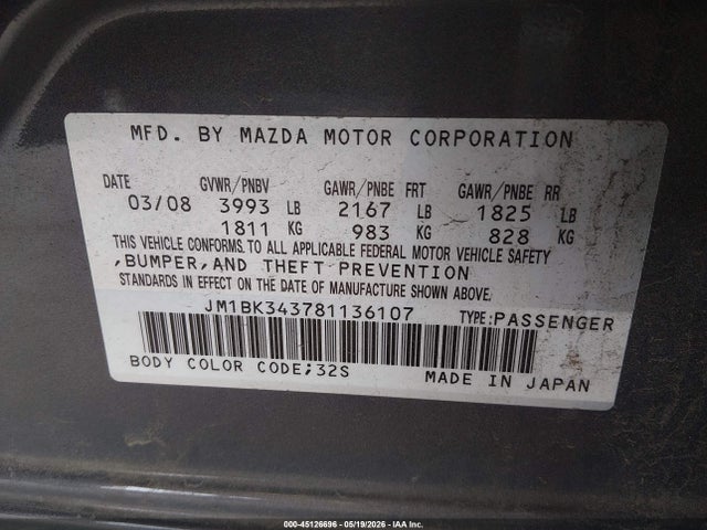 2008 Mazda Mazda3 S Touring მანქანა იყიდება აუქციონზე, vin: JM1BK343781136107, აუქციონის ნომერი: 45126696
