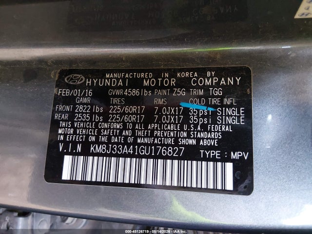 Продаж на аукціоні авто 2016 Hyundai Tucson Se, vin: KM8J33A41GU176827, номер лоту: 45126719