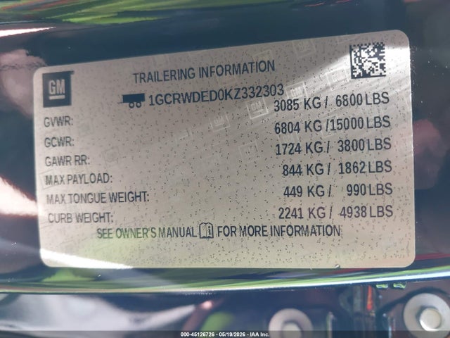2019 Chevrolet Silverado 1500 Rst მანქანა იყიდება აუქციონზე, vin: 1GCRWDED0KZ332303, აუქციონის ნომერი: 45126726