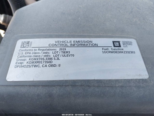 2019 Chevrolet Silverado 1500 Rst მანქანა იყიდება აუქციონზე, vin: 1GCRWDED0KZ332303, აუქციონის ნომერი: 45126726