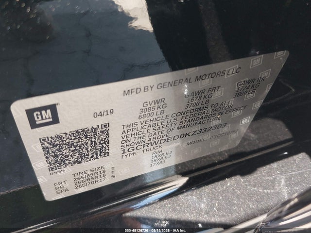 2019 Chevrolet Silverado 1500 Rst მანქანა იყიდება აუქციონზე, vin: 1GCRWDED0KZ332303, აუქციონის ნომერი: 45126726