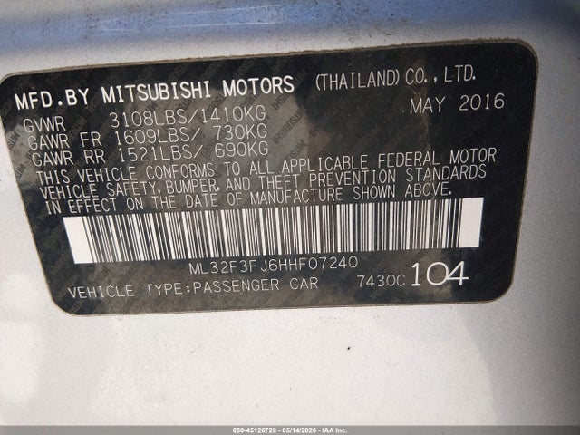 Auction sale of the 2017 Mitsubishi Mirage G4 Es, vin: ML32F3FJ6HHF07240, lot number: 45126728
