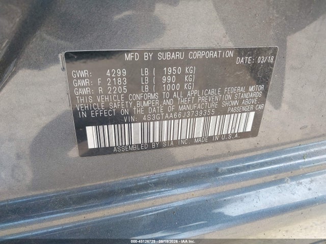 2018 Subaru Impreza 2.0i მანქანა იყიდება აუქციონზე, vin: 4S3GTAA66J3739355, აუქციონის ნომერი: 45126729