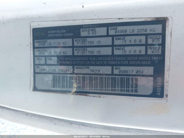 Продаж на аукціоні авто 1990 Dodge Dakota, vin: 1B7FL23X9LS603091, номер лоту: 45126731