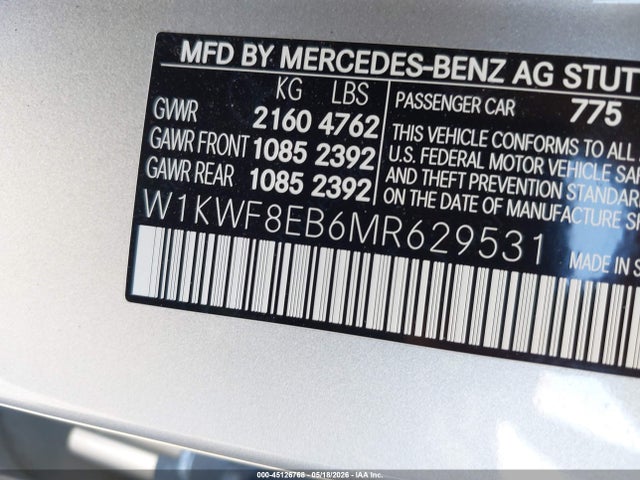 Aukcja sprzedaży 2021 Mercedes-benz C 300 4matic, vin: W1KWF8EB6MR629531, numer aukcji: 45126768