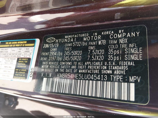 Aukcja sprzedaży 2020 Hyundai Palisade Limited, vin: KM8R54HE5LU045413, numer aukcji: 45126770