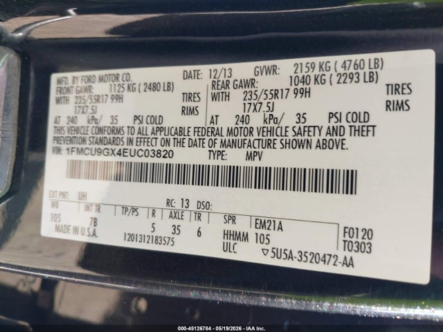45126784 :رقم المزاد ، 1FMCU9GX4EUC03820 vin ، 2014 Ford Escape Se مزاد بيع
