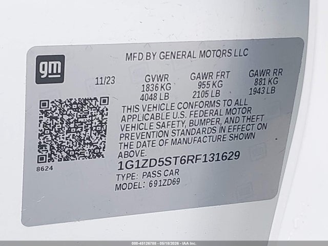 45126788 :رقم المزاد ، 1G1ZD5ST6RF131629 vin ، 2024 Chevrolet Malibu Fwd 1lt مزاد بيع